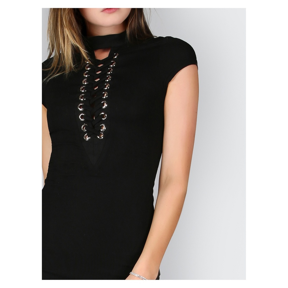 Black Lace up Eyelet Bodycon Mini Dress - Picture 4 of 8